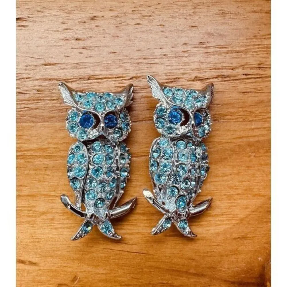 Vintage Silver-tone Baby Blue Rhinestone Owl Pin Brooch Blue Eyes Set‎ Of Two